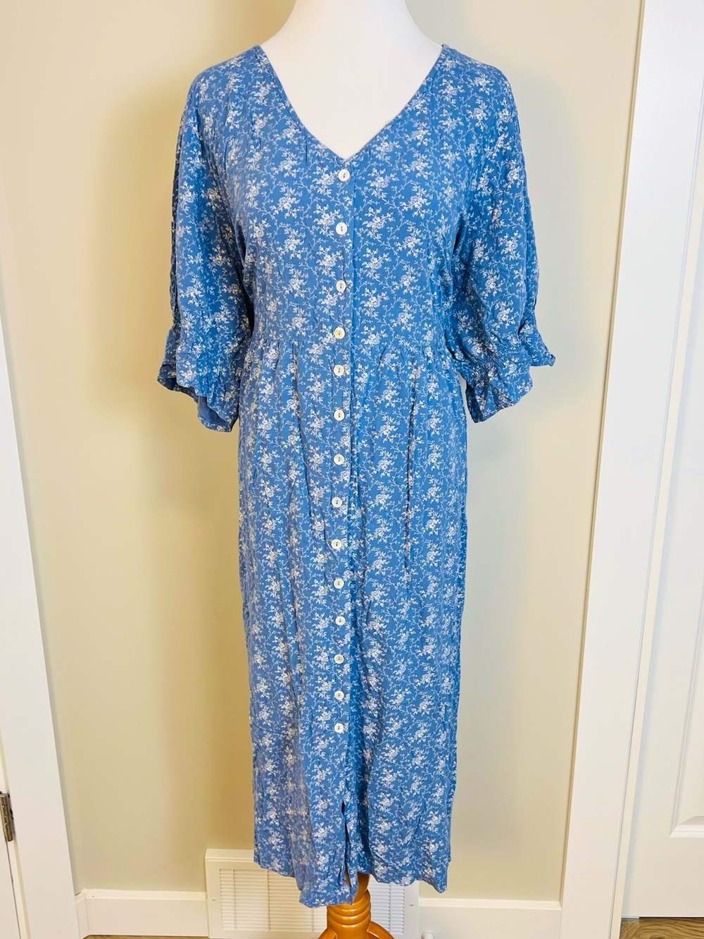 April Cornell modern Prairie Blue and White Floral Midi Dress
